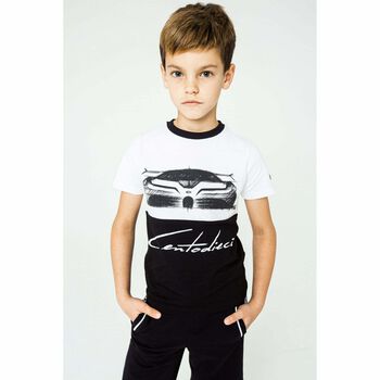Boys White & Black Printed T-Shirt