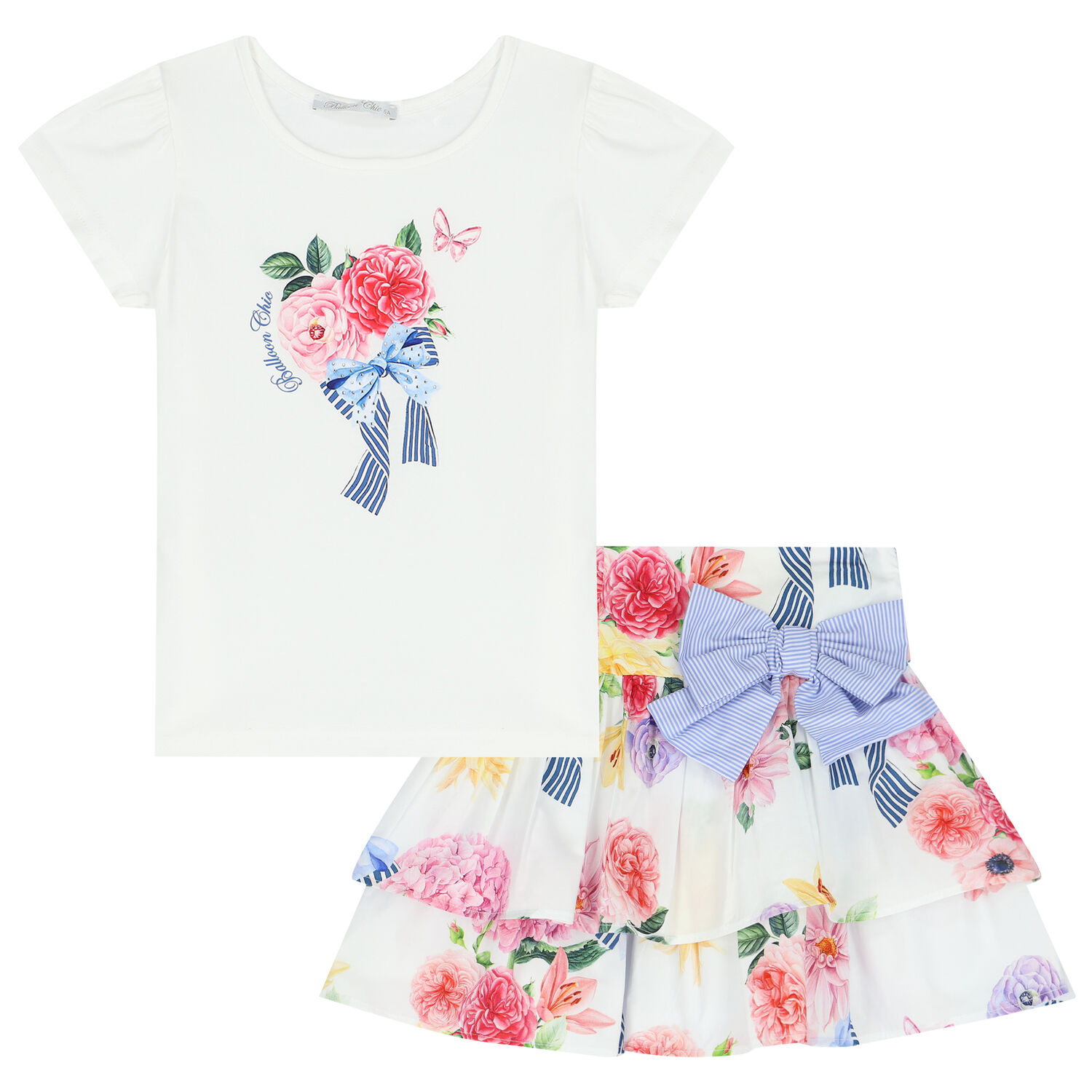 Girls White Floral Skirt Set, 1, hi-res