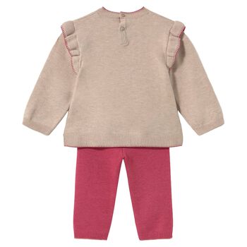 Younger Girls Beige & Pink Teddy Bear Knitted Tracksuit