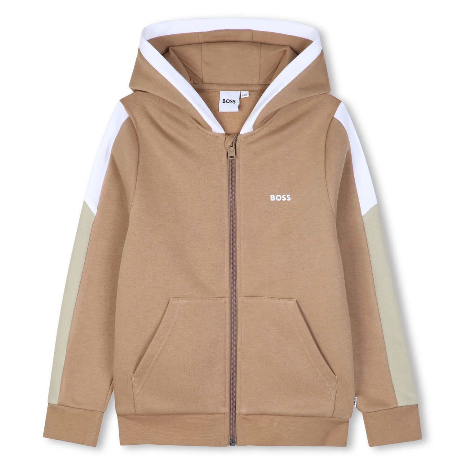 Boys Beige Logo Hooded Zip Up Top, 2, hi-res