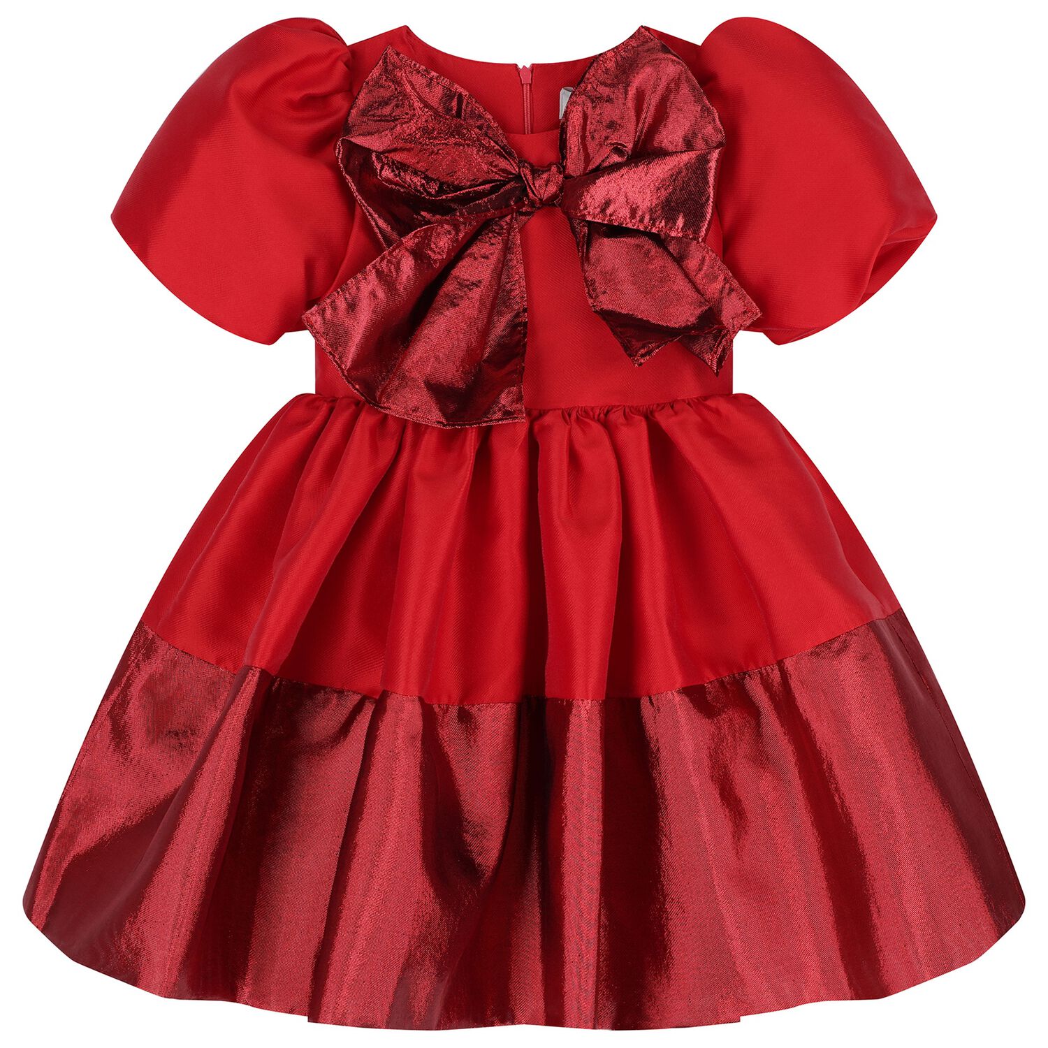 Girls Red Bow Pleated Twill Dress, 2, hi-res image number null