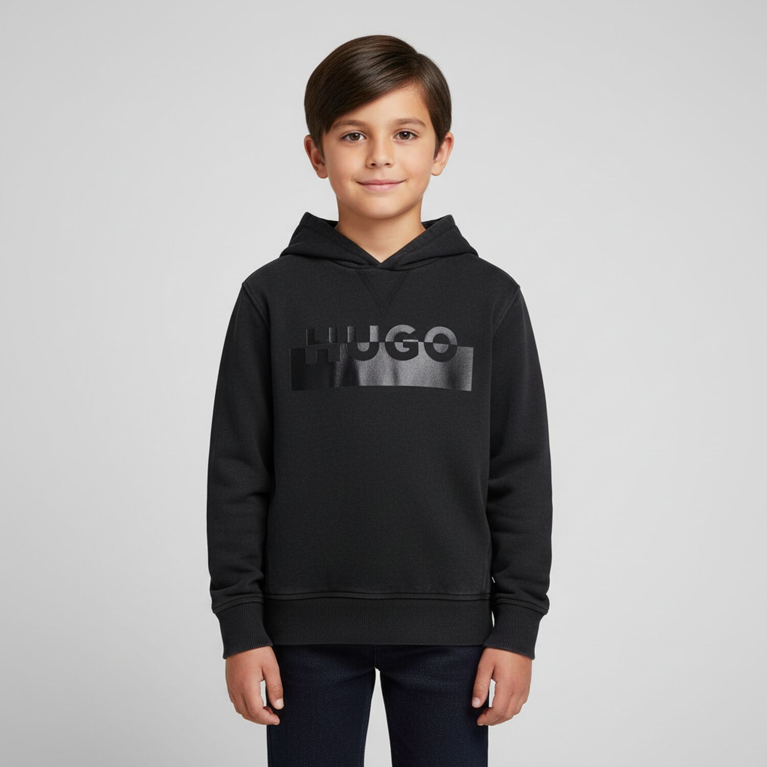 Boys Black Logo Hooded Zip Up Top, 1, hi-res