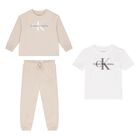 Baby Boys Beige & White Tracksuit 3-Piece Set, 8, hi-res