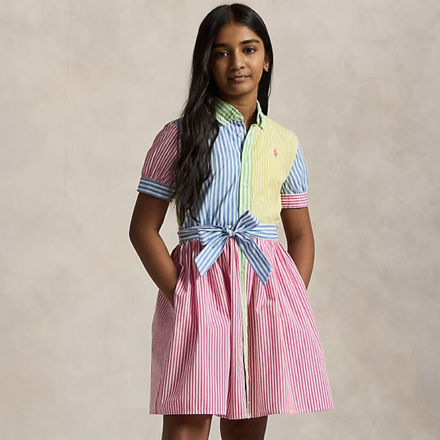 Girls Multi-Coloured Striped Dress, 1, hi-res