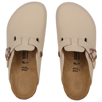 Girls Beige Flower Buckle Leather Clog
