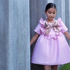 Girls Pink Bow Satin Dress, 2, hi-res