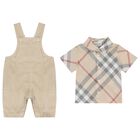 Baby Boys Beige Check Dungaree Set, 1, hi-res