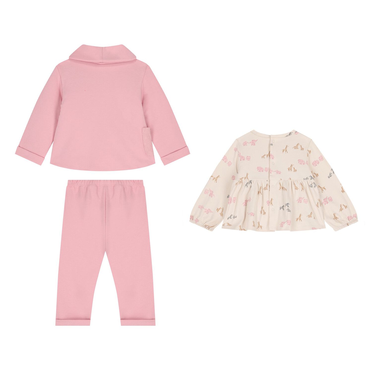 Baby Girls Pink & Beige Animals 3 Piece Trousers Set , 1, hi-res