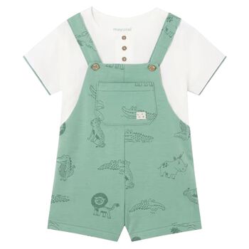 Younger Boys White & Green Dungaree Set