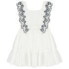 Girls White & Navy Blue Embroidered Ruffles Dress, 1, hi-res