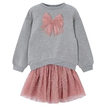 Mayoral Girls Grey & Pink Bow Skirt Set, 2 Girls Grey & Pink Bow Skirt Set