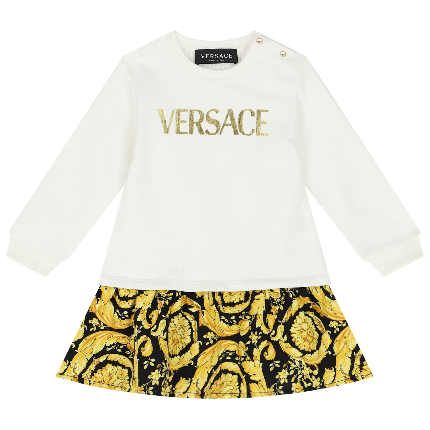 Younger Girls Ivory, Black & Yellow Barocco Logo Dress, 1, hi-res