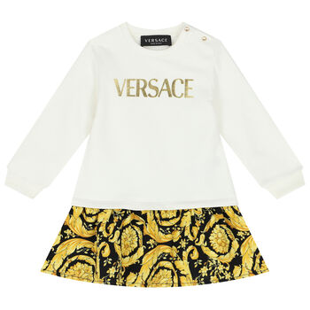 Younger Girls Ivory, Black & Yellow Barocco Logo Dress