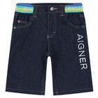 Boys Navy Logo Denim Shorts, 1, hi-res