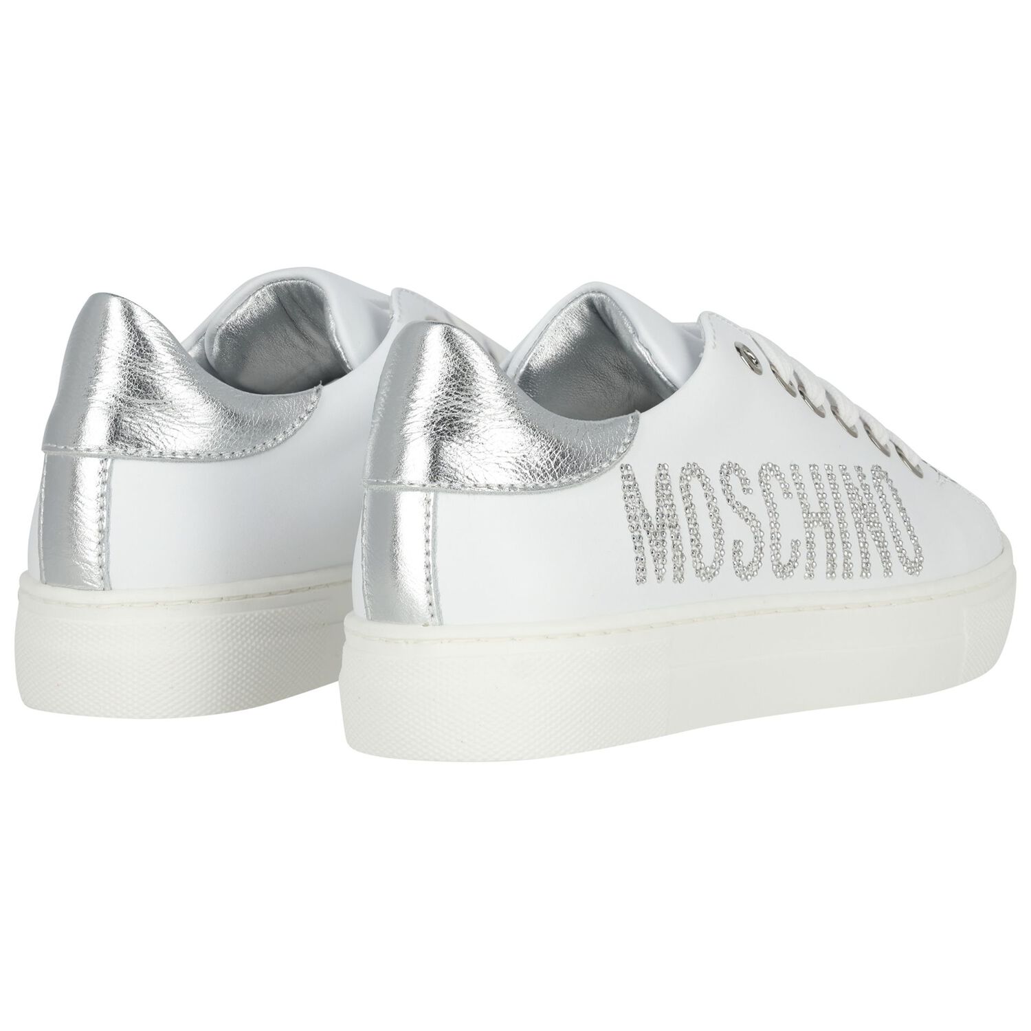 Girls White & Silver Logo Trainers, 1, hi-res