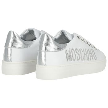 Girls White & Silver Logo Trainers