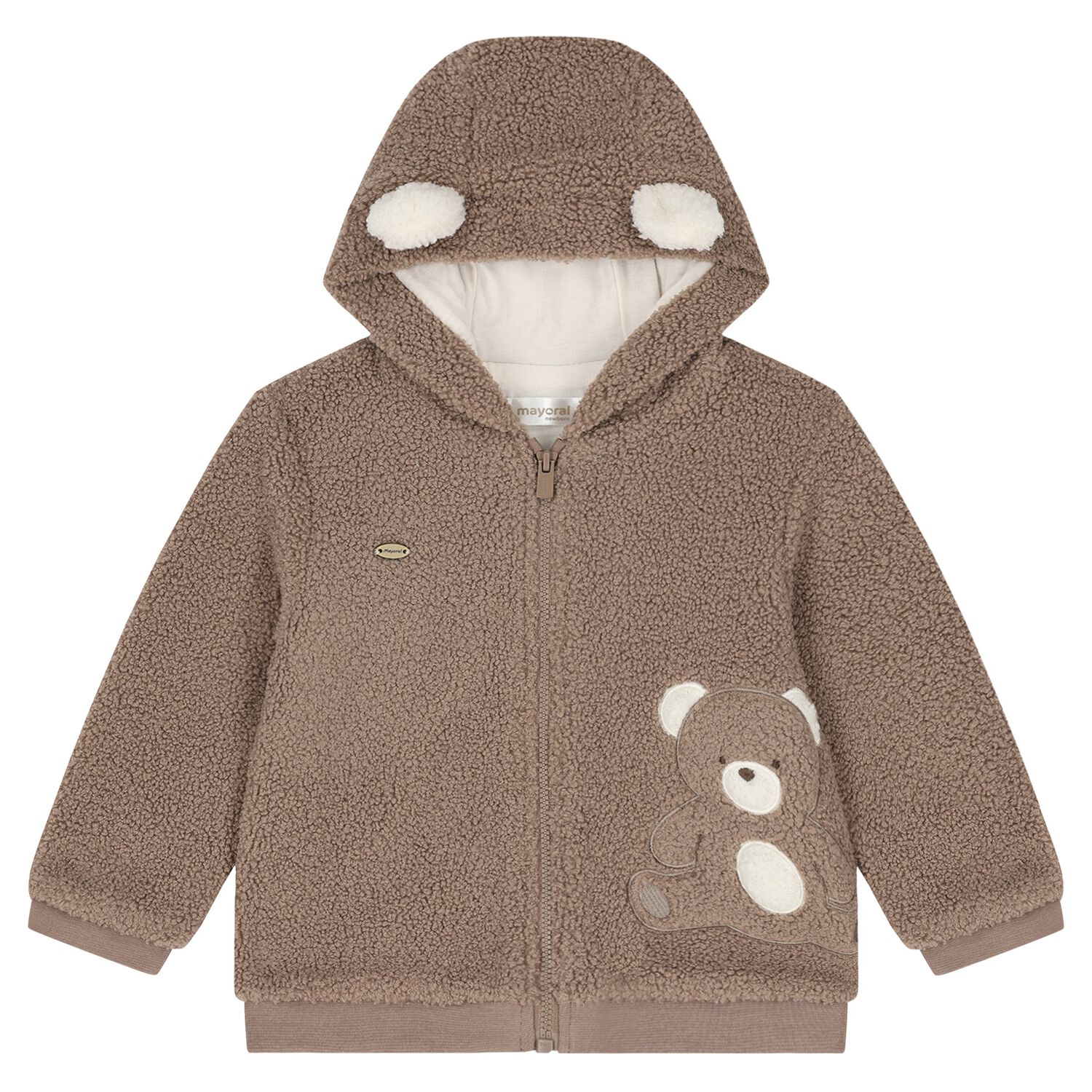 Beige Teddy Bear Hooded Zip Up Top, 1, hi-res