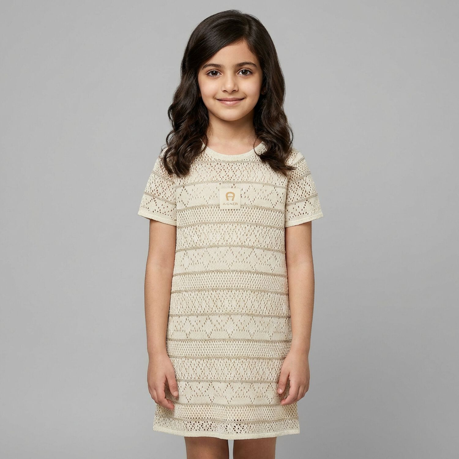 Girls Beige Logo Knitted Dress, 1, hi-res