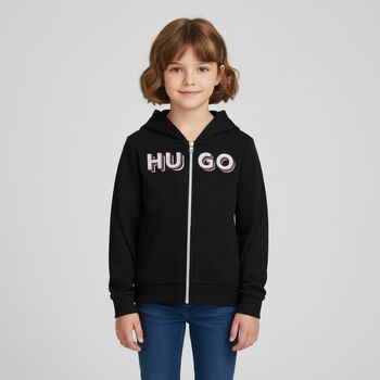Girls Black Logo Hooded Top