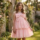 Girls Pink Bow Tiered Dress, 1, hi-res