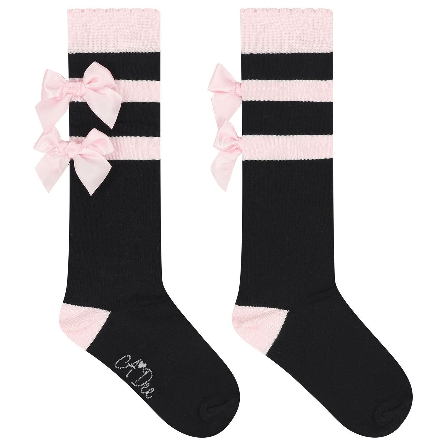 Girls Black & Pink Satin Bow Socks, 1, hi-res