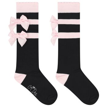 Girls Black & Pink Satin Bow Socks