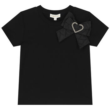 Girls Black Jacquard Heart Bow T-Shirt