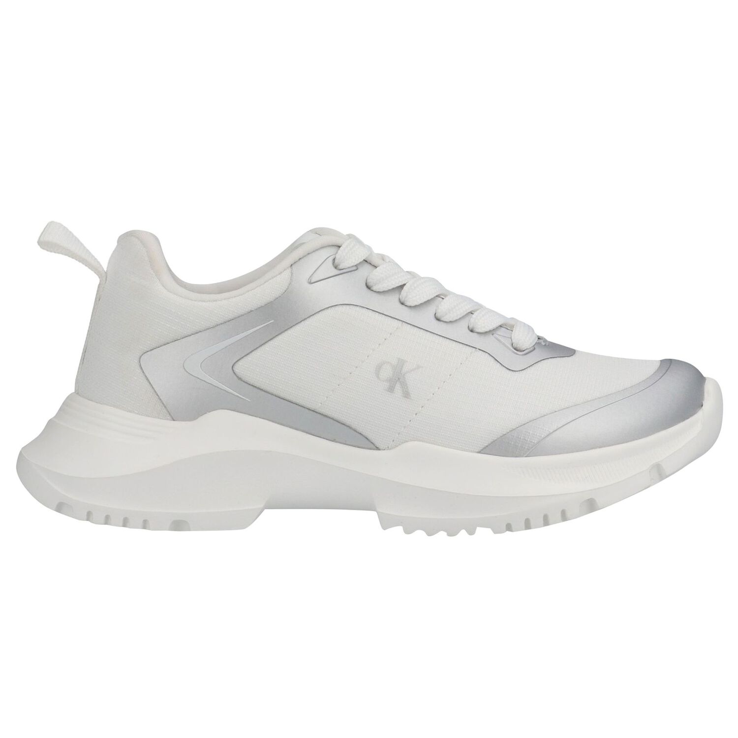 White & Silver Logo Trainers, 1, hi-res