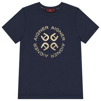 Boys Navy Blue & Gold Logo T-Shirt
