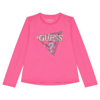 Girls Pink Logo Sequin Long Sleeve Top