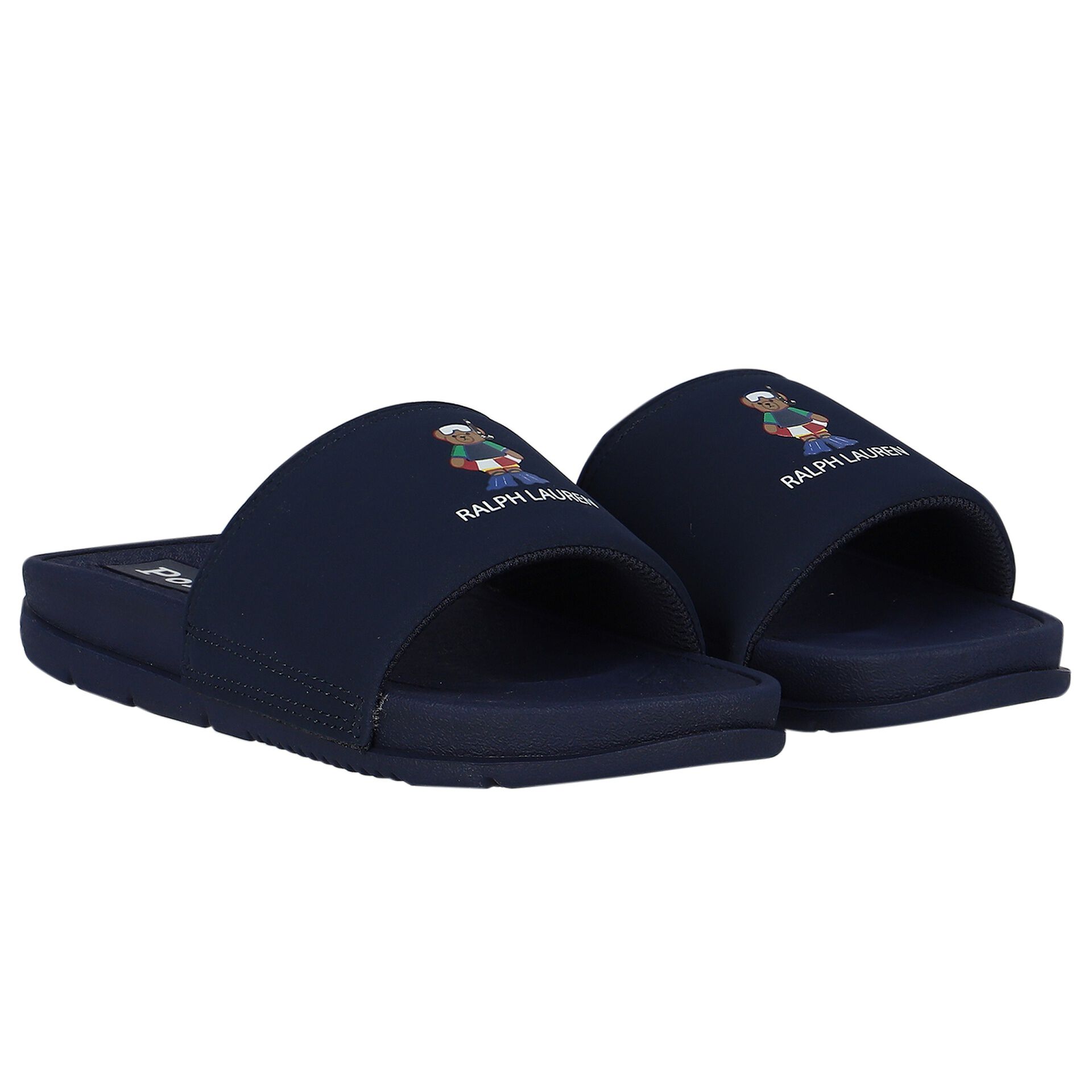Ralph Lauren Boys Navy Blue Logo Sliders Junior Couture UK