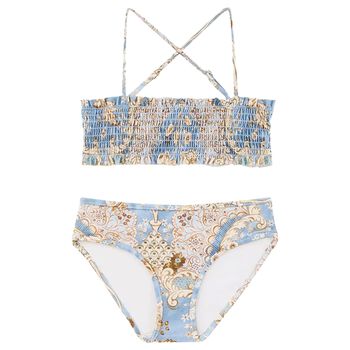 Girls Beige & Blue Floral Bikini