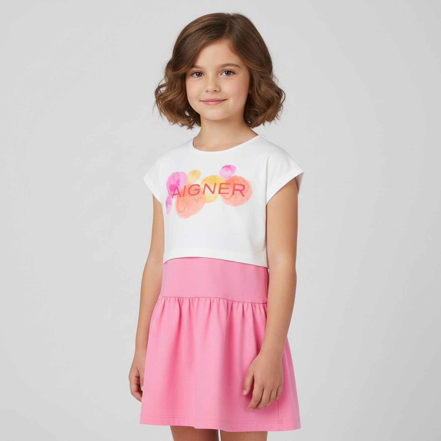 Girls White & Pink Logo Dress Set, 1, hi-res