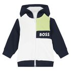 Younger Boys White & Navy Blue Logo Hooded Zip Up Top, 1, hi-res