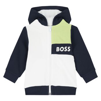 Younger Boys White & Navy Blue Logo Hooded Zip Up Top