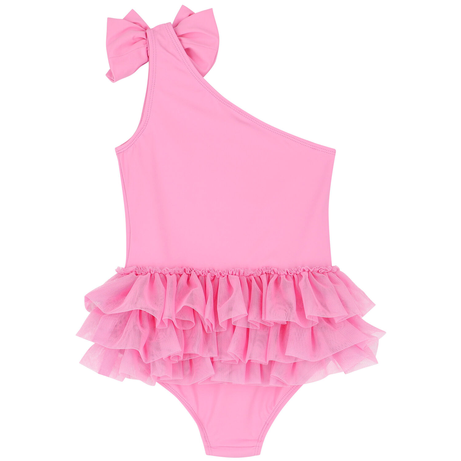 Girls Pink One-Shoulder Tulle Frills Swimsuit, 1, hi-res