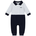Baby Boys White & Blue Logo Romper, 1, hi-res