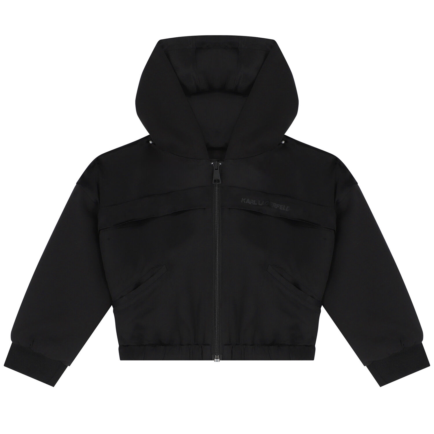Girls Black Satin Logo Hooded Zip Up Top, 1, hi-res image number null