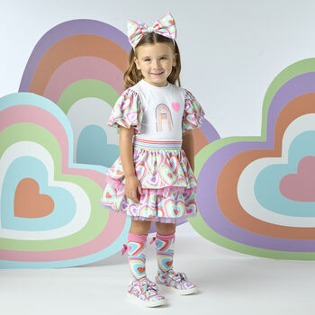 Girls Pink Cotton Sequin & Heart Skirt Set