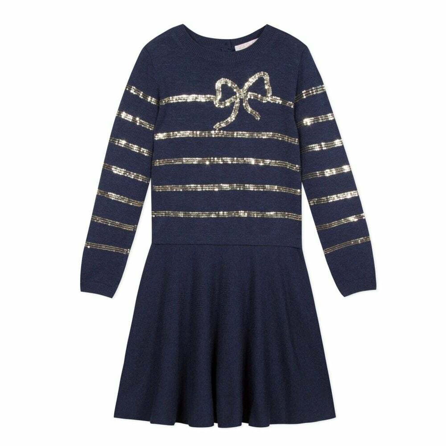Girls Navy & Gold Knitted Dress, 1, hi-res