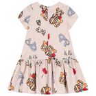 Girls Beige Teddy Bear Bow Dress, 1, hi-res