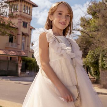 Girls White & Beige Geo Map Dress