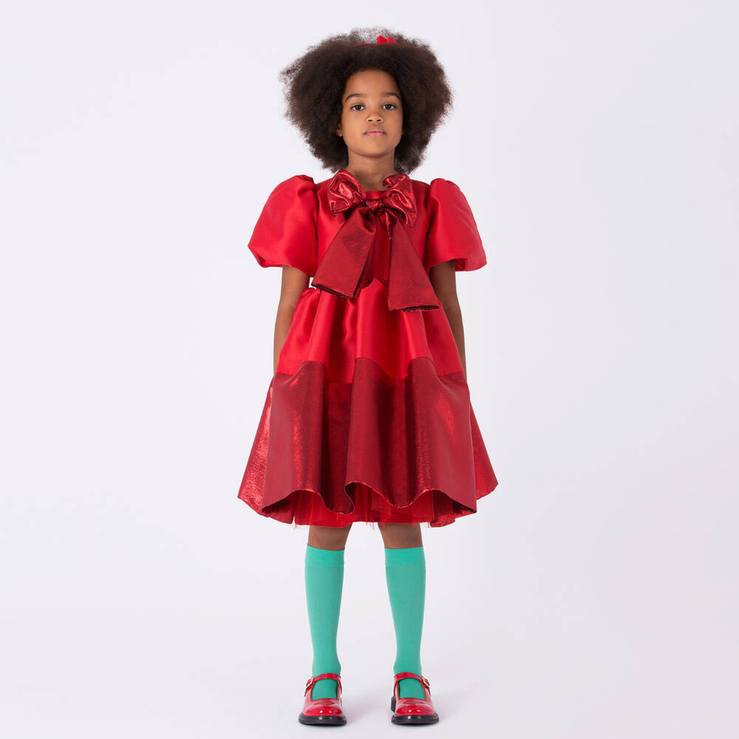 Girls Red Bow Pleated Twill Dress, 2, hi-res image number null