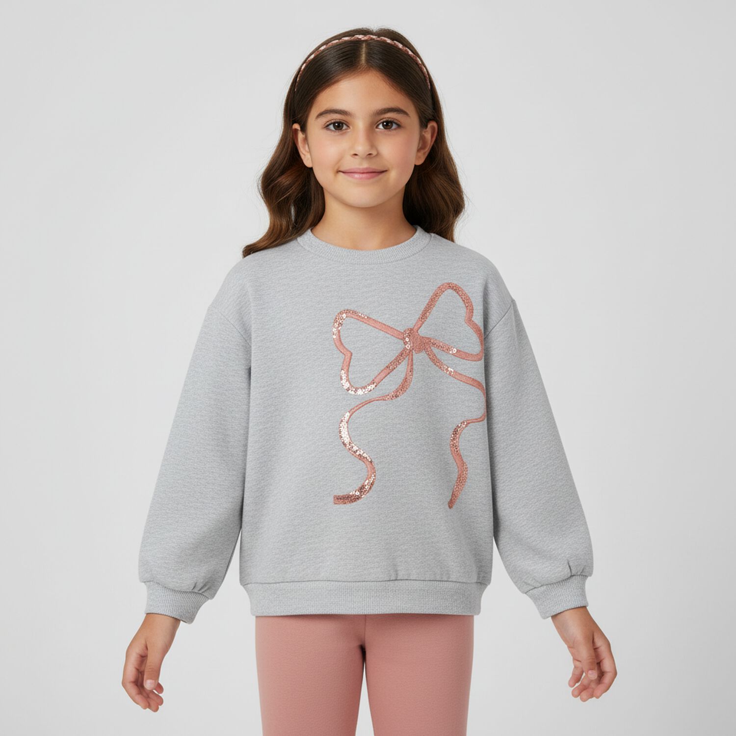 Girls Grey & Pink Bow Leggings Set, 3, hi-res