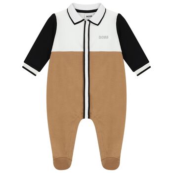 Baby Boys White & Beige Logo Babygrow