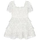 Girls White Embroidered Lace Tiered Dress, 1, hi-res