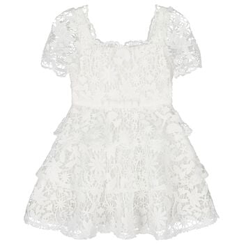 Girls White Embroidered Lace Tiered Dress