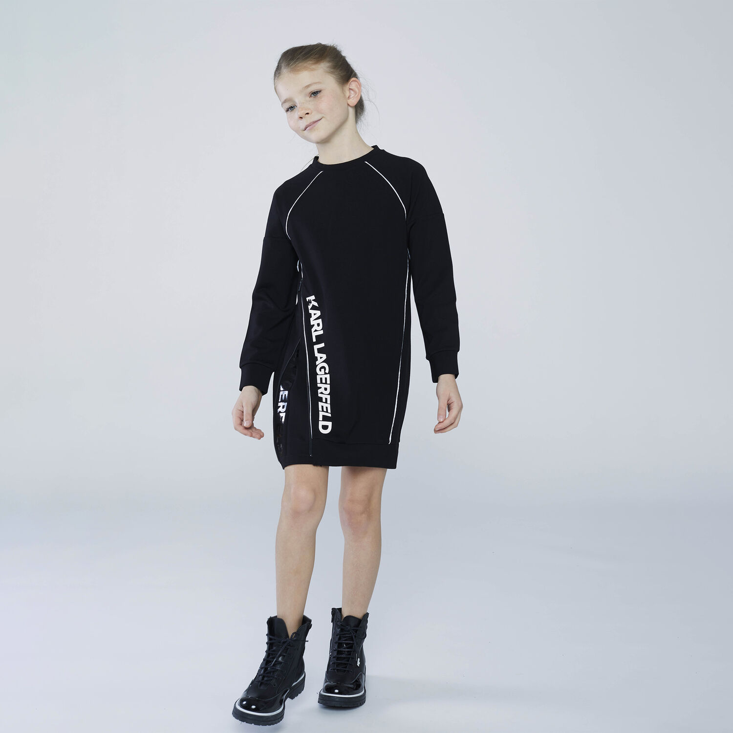 Girls Black Logo Sweatshirt Dress, 2, hi-res