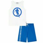 Boys White & Blue Logo Shorts Set, 1, hi-res