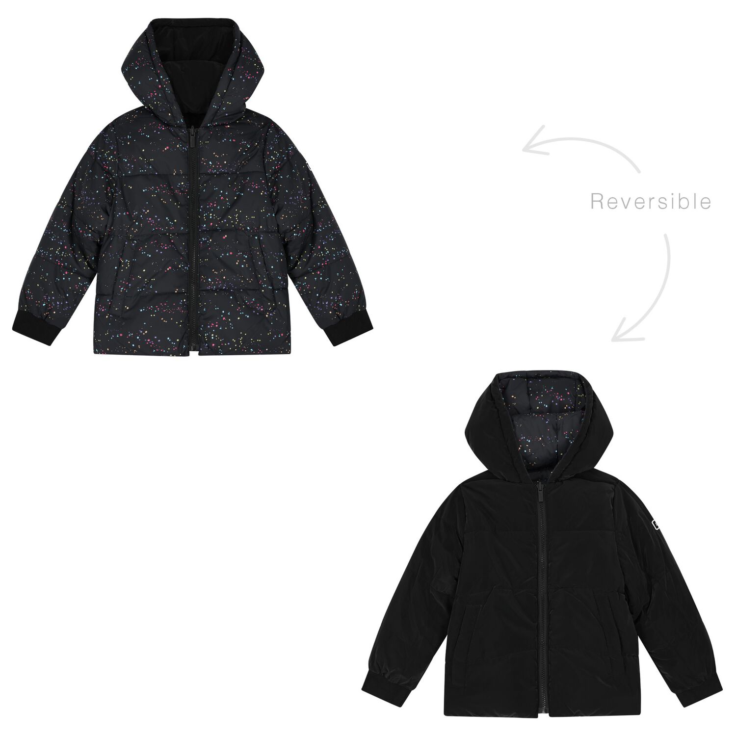 Girls Black Reversible Puffer Jacket, 1, hi-res image number null